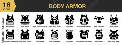 Body Armor solid icon set. Includes body armor icons and More. Solid icons vector collection.