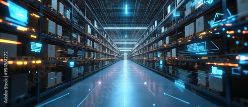 Wallpaper Mural Futuristic Warehouse with Digital Interface and Data Flow Torontodigital.ca