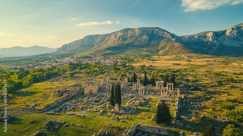 Obraz premium Bird's-eye view of the ancient city of Corinth, with its archaeological ruins set against a mountainous backdrop