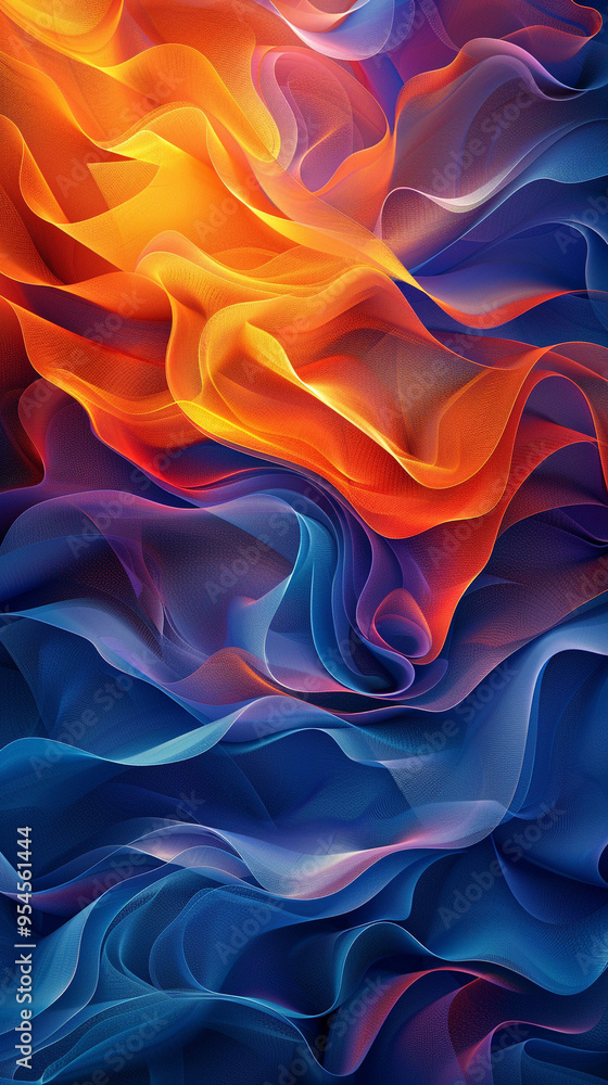 Obraz premium A deconstructed abstract vector pattern with intertwined curves and waves in a gradient of cool blues and warm oranges, creating a dynamic contrast.
