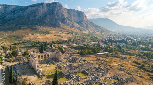 Bird's-eye view of the ancient city of Corinth, with its archaeological ruins set against a mountainous backdrop