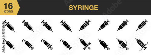 Syringe solid icon set. Includes syringe icons and More. Solid icons vector collection.