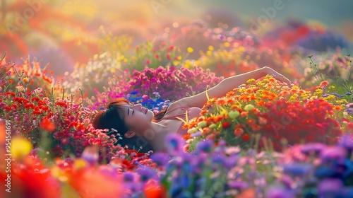 07231249 379. Khunnai stretching among a vivid display of roadside flowers, with a spectrum of colors creating a joyful and serene morning atmosphere photo