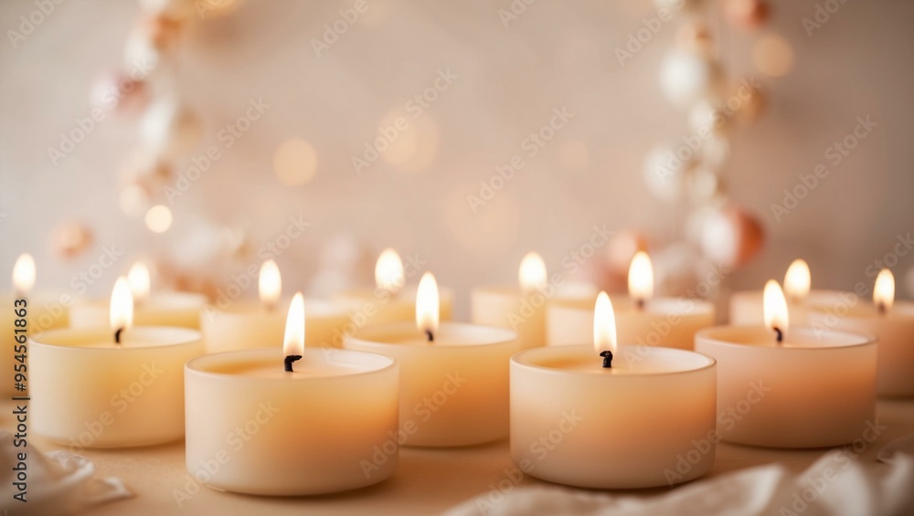 A beautifully arranged collection of several tealight candles glowing warmly, creating a soft and inviting atmosphere that enhances relaxation and a cozy ambiance. A beautifully arranged collection of several tealight candles glowing warmly, creating a soft and inviting atmosphere that enhances relaxation and a cozy ambiance.