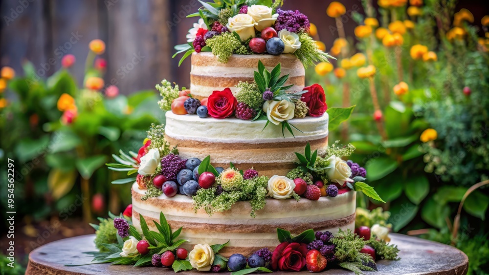 * A multi-tiered masterpiece adorned with fresh flowers, berries, and greenery creates a stunning floral display. * A multi-tiered masterpiece adorned with fresh flowers, berries, and greenery creates a stunning floral display.