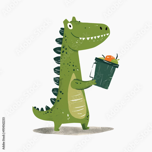 Cartoon dinosaur holding trash bin