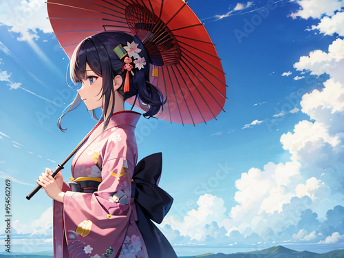 和傘を持つ着物を着た日本の女性