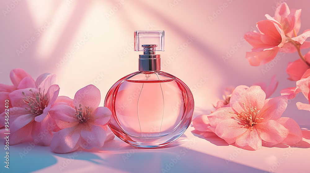 Commercial product photo of a luxury perfume bottle surrounded by delicate flowers, set against a soft, gradient background for an elegant aesthetic. Commercial product photo of a luxury perfume bottle surrounded by delicate flowers, set against a soft, gradient background for an elegant aesthetic.