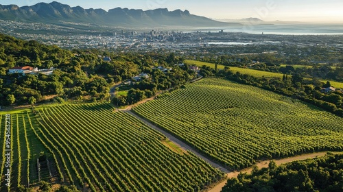 Bird's-eye view of the lush, green vineyards of Constantia Valley, with the city of Cape Town in the background photo