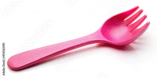 A pink spork molded from recycled materials, designed for pet food, promotes eco-friendliness on a pure white backdrop photo