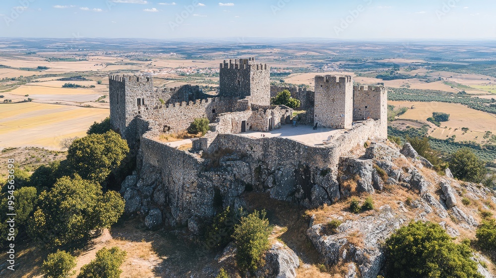 Fototapeta premium Bird's-eye view of the picturesque castle and village of Marvao, with panoramic views over the Alentejo plains