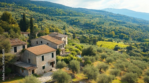 Bird's-eye view of the olive groves and rolling hills of the Peloponnese, with its traditional stone houses