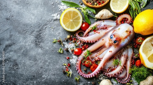 colorful octopus with fresh ingredients like lemon and herbs on a dark background, top view for a cooking or healthy food concept photo