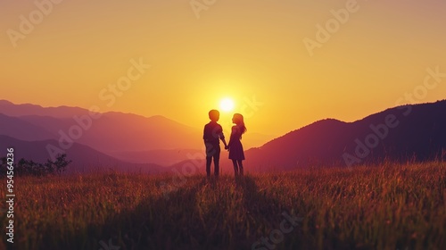 Silhouetted couple holding hands during a vibrant sunset in a tranquil mountain landscape