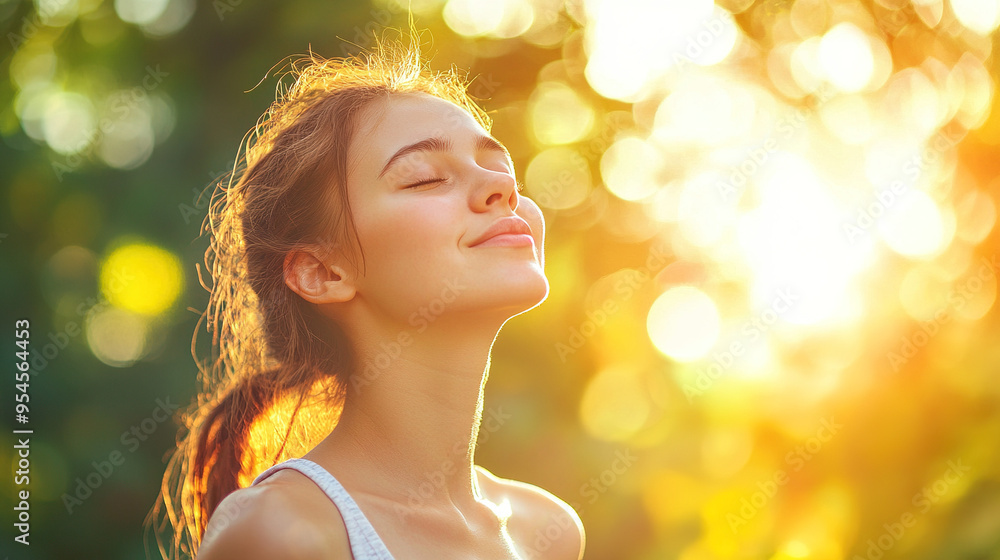 Beautiful Blonde Woman Exercising in the Park with Orange Tank Top, Enjoying the Sunlight on Her Face and Nature Surroundings, with Trees, Flowers, and Grass Creating a Sparkling Atmosphere Beautiful Blonde Woman Exercising in the Park with Orange Tank Top, Enjoying the Sunlight on Her Face and Nature Surroundings, with Trees, Flowers, and Grass Creating a Sparkling Atmosphere