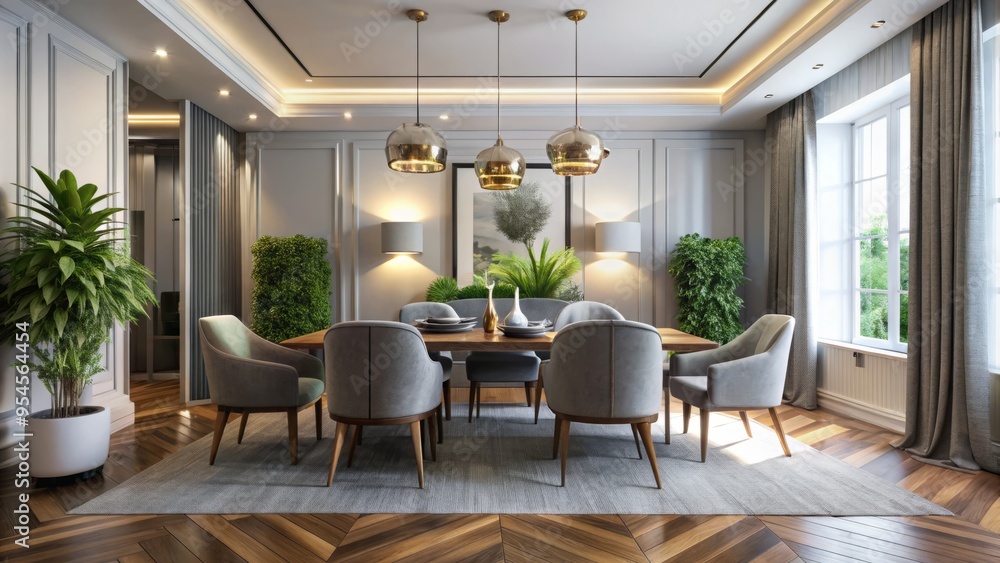 A refined dining room features crisp white walls, rich wood floors, and sumptuous gray furnishings, illuminated by A refined dining room features crisp white walls, rich wood floors, and sumptuous gray furnishings, illuminated by