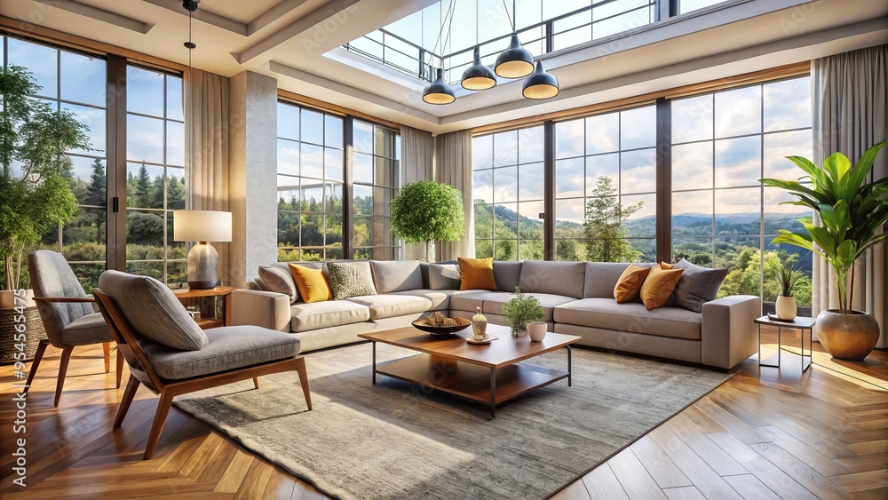 Fototapeta premium A serene and stylish oasis, this second-floor living room features a plush seating area bathed in radiant natural