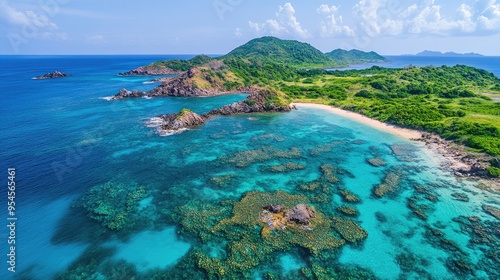 Bird's-eye view of the vibrant coral reefs and clear waters of Pigeon Island National Park, with colorful marine life