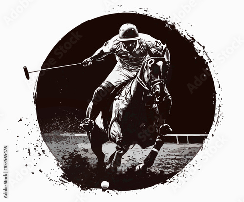 A dynamic vector illustration of a professional polo player in action, riding a horse and striking the ball, ideal for equestrian and sports-related designs.