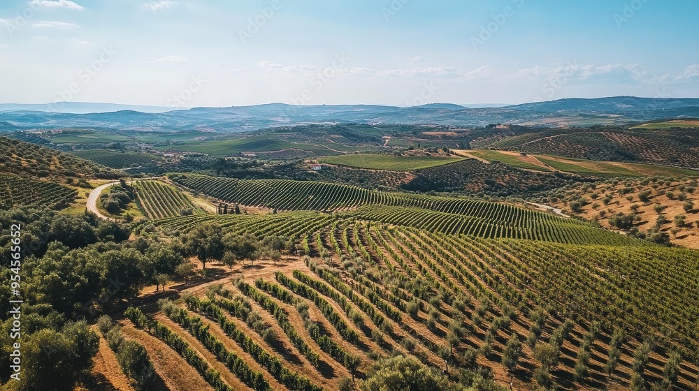 Bird's-eye view of the vineyards and scenic landscapes of the Alentejo wine region, with rolling hills and olive groves Bird's-eye view of the vineyards and scenic landscapes of the Alentejo wine region, with rolling hills and olive groves
