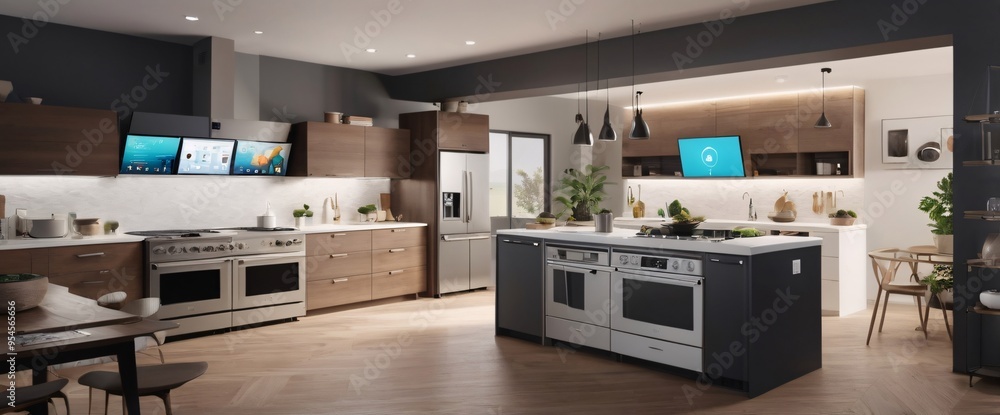 the Internet of Things with a visually stunning image of a smart home filled with various connected devices and appliances AI, such as smart refrigerators, coffee makers, and ovens, all communicating 