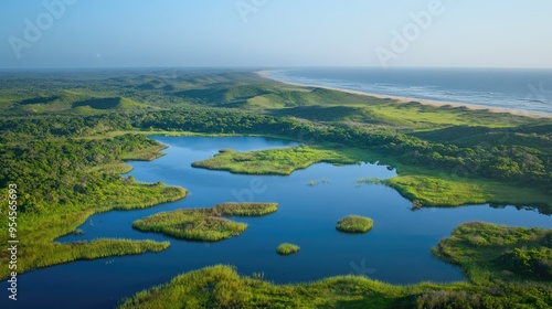 Bird's-eye view of the wild landscapes of the iSimangaliso Wetland Park, with estuaries, lakes, and coastal dunes