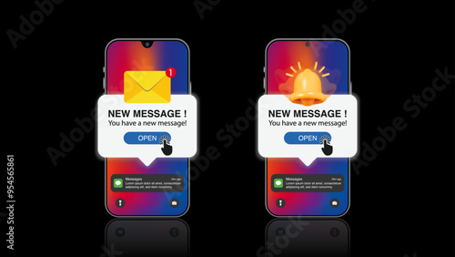 Smartphone Reminder Message on Screen: New Notice Alert, Notification Bell, Important Event Push Message, and Calendar Reminder in a Vector Design.