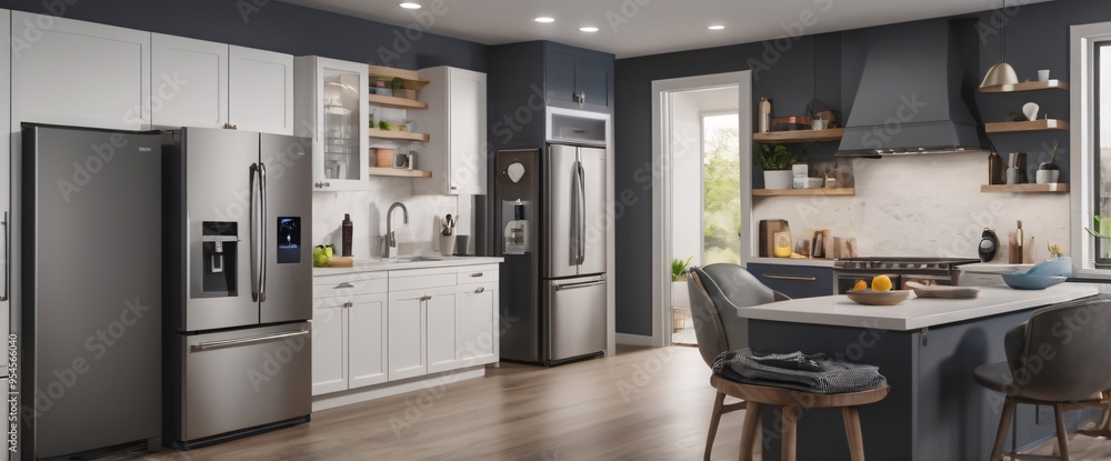 the Internet of Things with a visually stunning image of a smart home filled with various connected devices and appliances AI, such as smart refrigerators, coffee makers, and ovens, all communicating 
