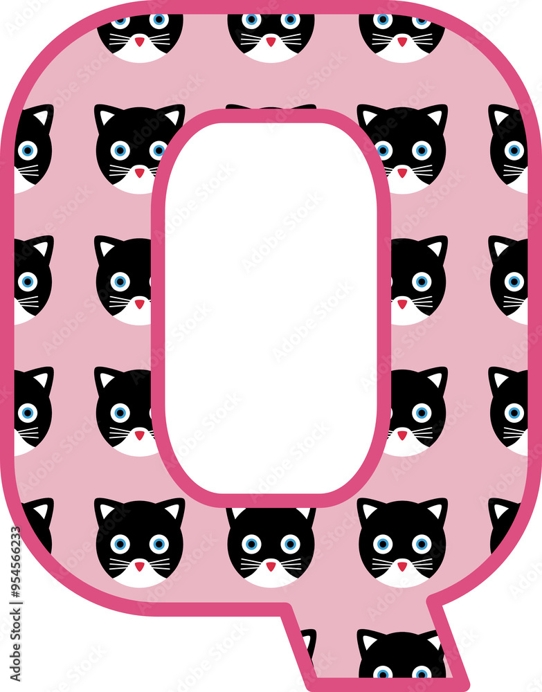 Fototapeta premium Initial Q cat name, Pattern with cats, Name Cat, pink, funny cat, funny, cat lovers, cat illustration, cat design, lovely, black cat, cute cat, cute, initial name, initial cat name, initial alphabet n