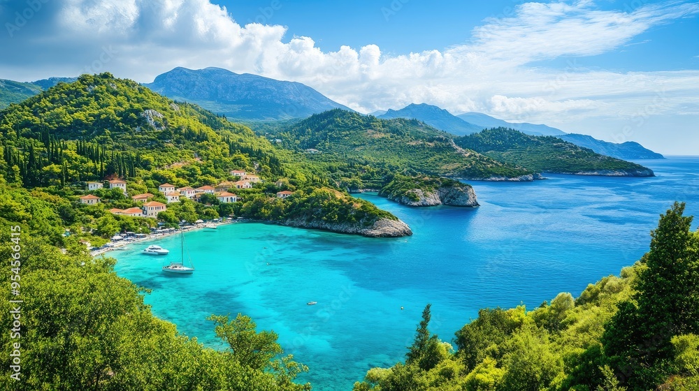 Panoramic shot of the Ionian Islands, with lush greenery and turquoise waters, highlighting their natural beauty Panoramic shot of the Ionian Islands, with lush greenery and turquoise waters, highlighting their natural beauty