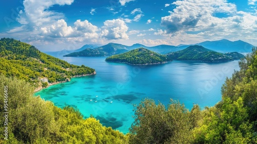 Panoramic shot of the Ionian Islands, with lush greenery and turquoise waters, highlighting their natural beauty