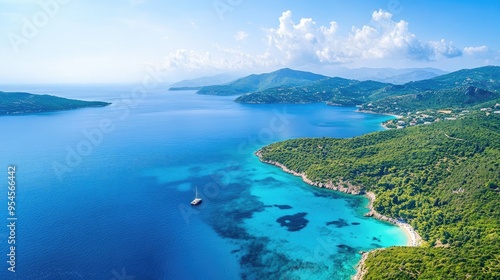 Panoramic shot of the Ionian Islands, with lush greenery and turquoise waters, highlighting their natural beauty