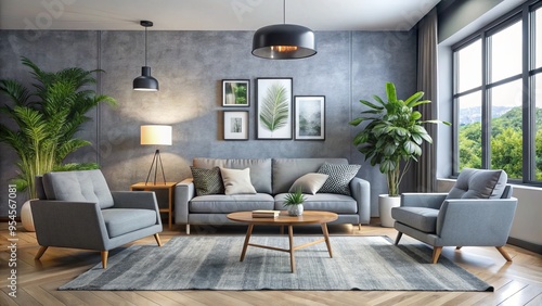 A serene modern space welcomes with a plush gray sofa, paired with an armchair and decorative accents, illuminated