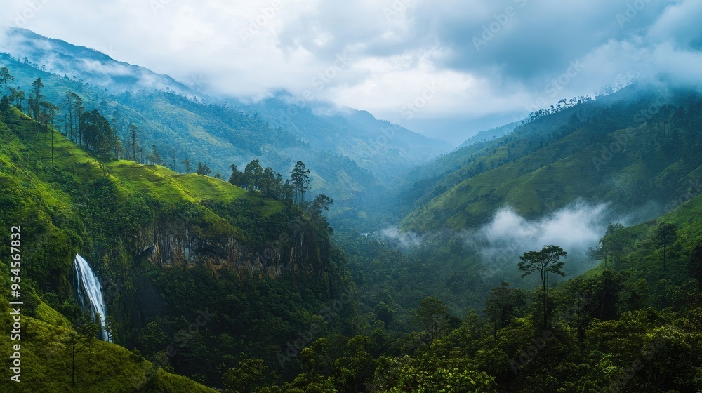 Obraz premium Panoramic view of the scenic Ella Gap, with misty mountains, lush valleys, and distant waterfalls