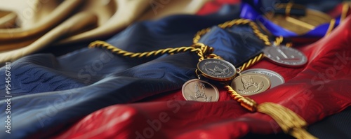 Close-up of a graduation honor stole and medals, 4K hyperrealistic photo photo