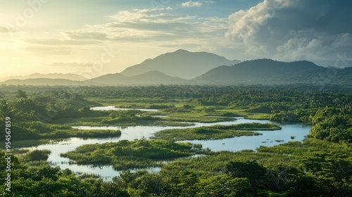 Panoramic view of the serene Kumana National Park, with lagoons, wetlands, and bird nesting sites photo