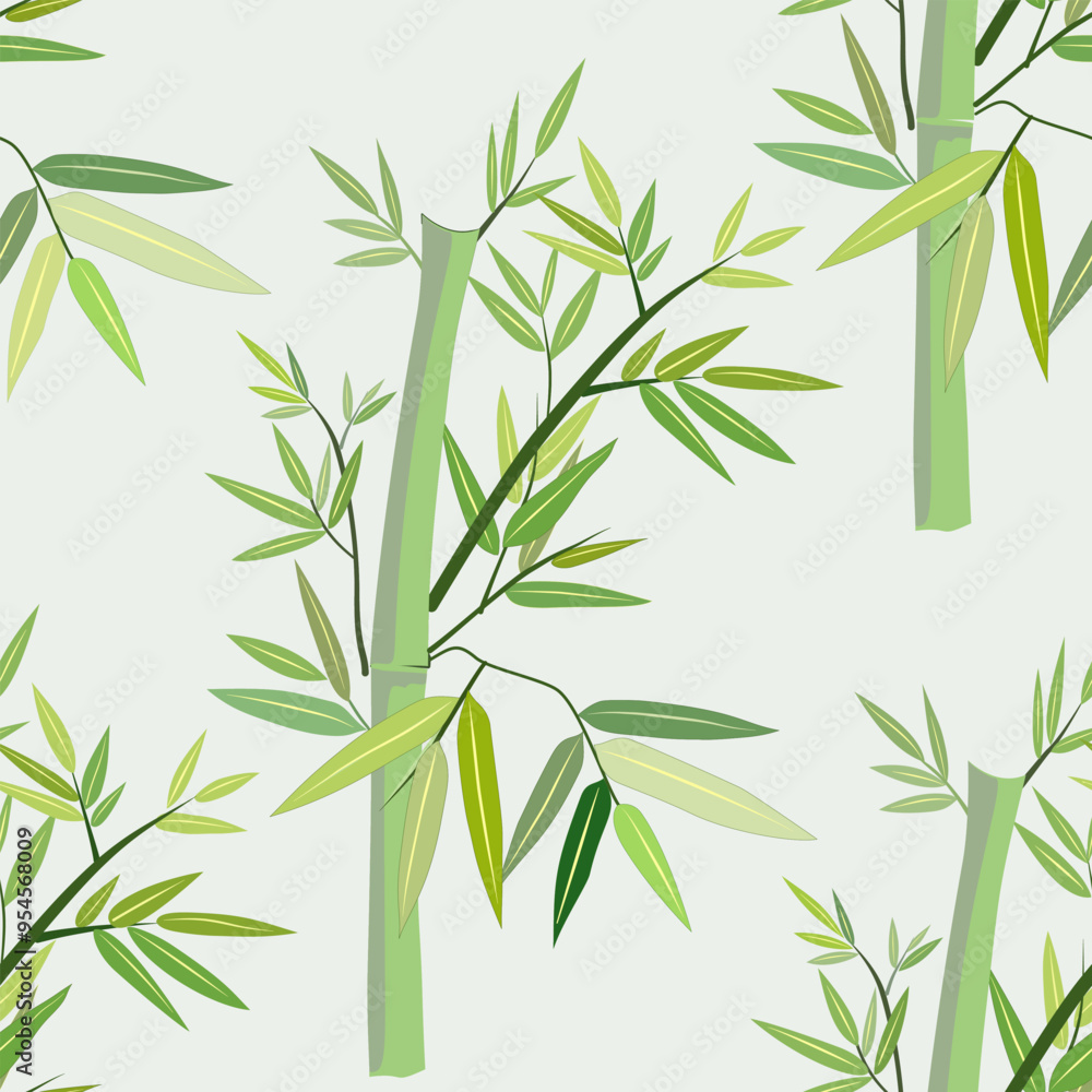 Obraz premium Five bamboo trees with alternating light and dark green leaves on a grey background.