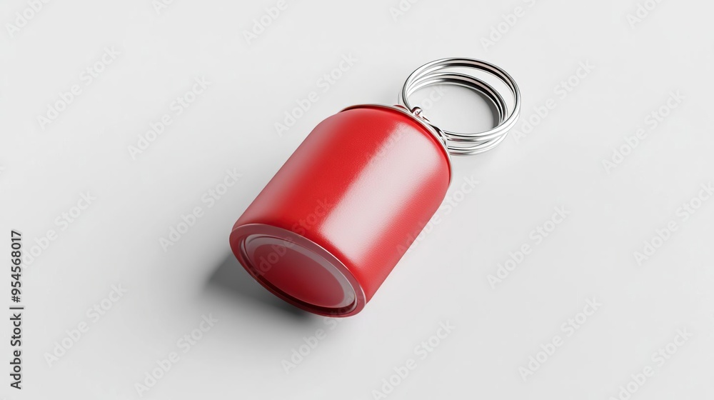 A red cylindrical object with a keyring, resembling a keychain or small container. A red cylindrical object with a keyring, resembling a keychain or small container.