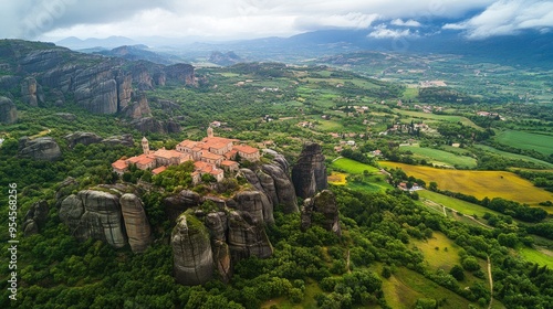 Top view of Meteora rock formations with ancient monasteries perched on cliffs amidst a lush green valley photo