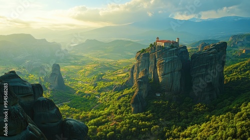 Top view of Meteora rock formations with ancient monasteries perched on cliffs amidst a lush green valley photo