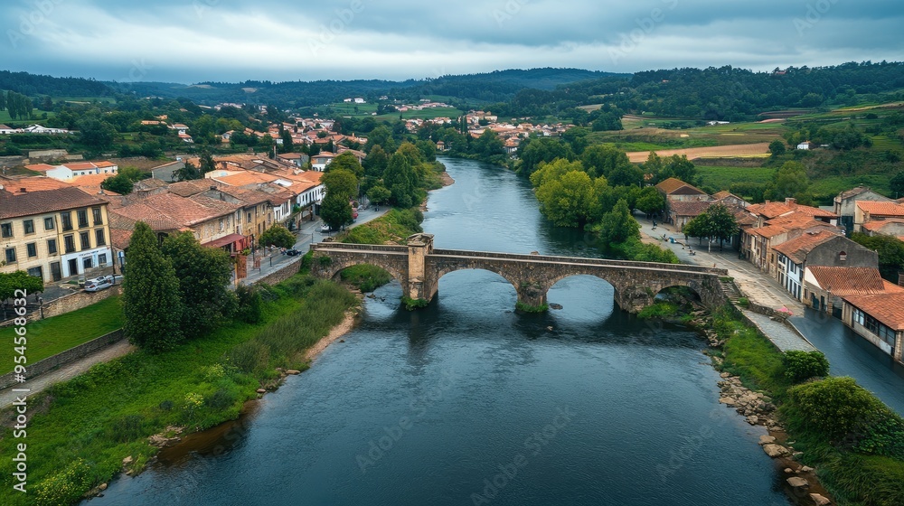 Obraz premium Top view of the ancient Roman bridge crossing the River in Chaves, with historic buildings and greenery