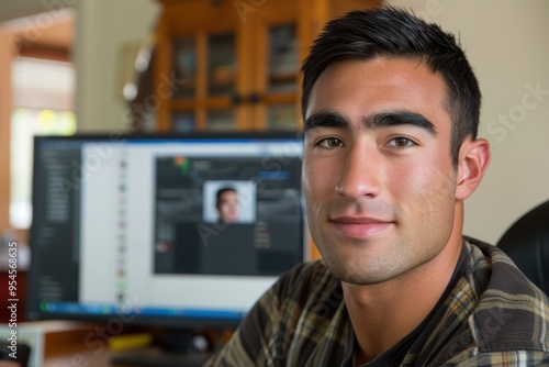 Young Man Sitting At Desk Looking At Computer Screen