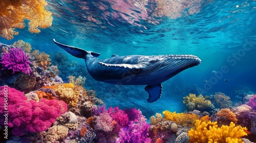 Majestic Whale Among Vibrant Coral Reefs, an underwater tableau showcasing a serene whale gliding through a kaleidoscope of colorful corals, celebrating oceanic beauty and tranquility. photo