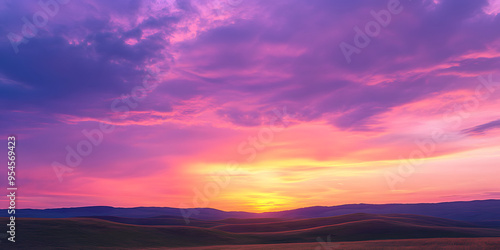 Rolling hills with a vibrant sunset sky