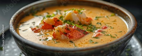 Creamy lobster bisque soup in bowl, 4K hyperrealistic photo