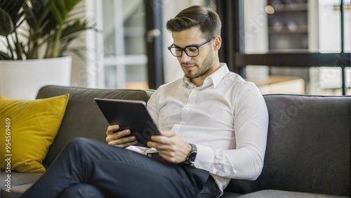  multitasking handsome young man wearing glasses