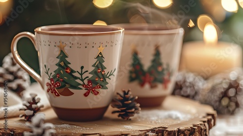 Cheers to a new year hot chocolate tea in a ceramic white glass decorated with christmas trees