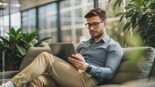  multitasking handsome young man wearing glasses