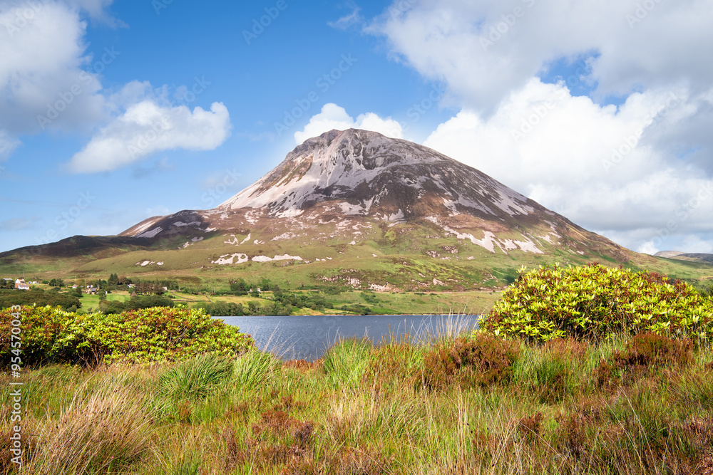 View to Errigal montain across lake Dunlewey Lough. The highest montain in county Donegal, Ireland