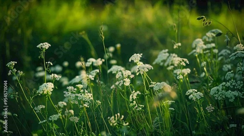 07231249 396. A summer meadow in Dublin with wild Queen Anne's Lace flowers in full bloom, featuring their white umbels and long stalks swaying gently in the breeze against a lush hedgerow backdrop photo